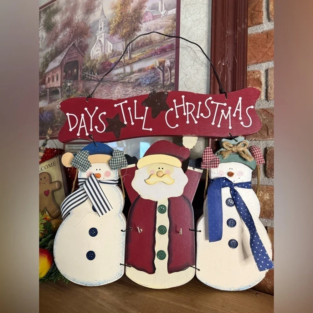Vintage 1998 Festive Snowman and Santa Countdown Solid Wood Wall Hanging Sign
